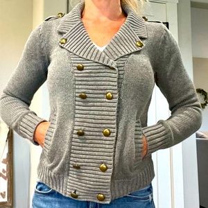 Gray double breasted sweater with gold buttons